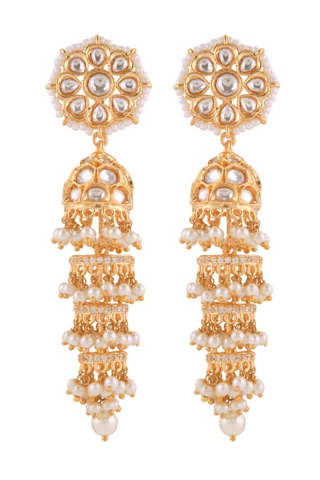 Curio Cottage_Gold Plated Pearls, Stones Luminous Meira Jhumki Earrings_Online_at_Aza_Fashions