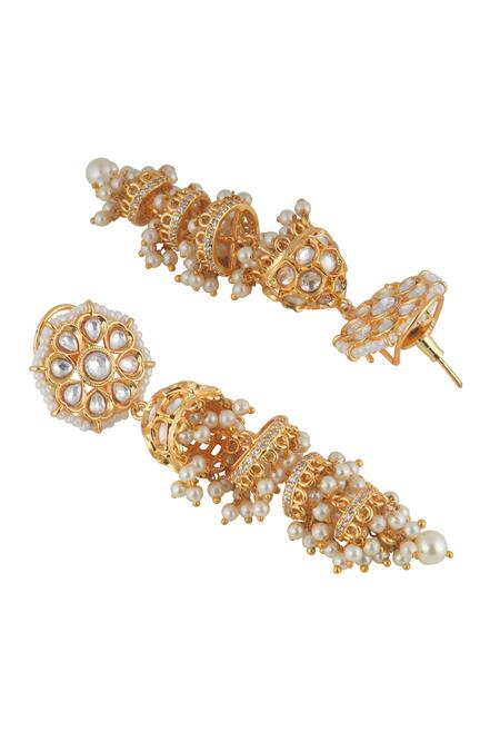 Buy_Curio Cottage_Gold Plated Pearls, Stones Luminous Meira Jhumki Earrings_Online_at_Aza_Fashions