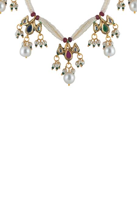 Curio Cottage_Gold Plated Pearls, Stones Strung Navratna Set_Online_at_Aza_Fashions