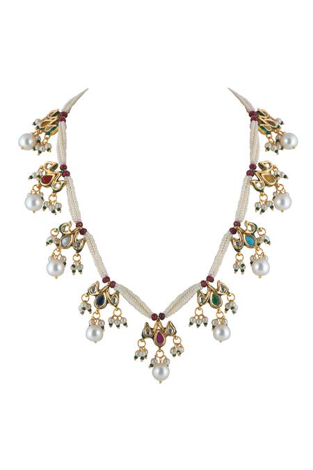 Buy_Curio Cottage_Gold Plated Pearls, Stones Strung Navratna Set_Online_at_Aza_Fashions