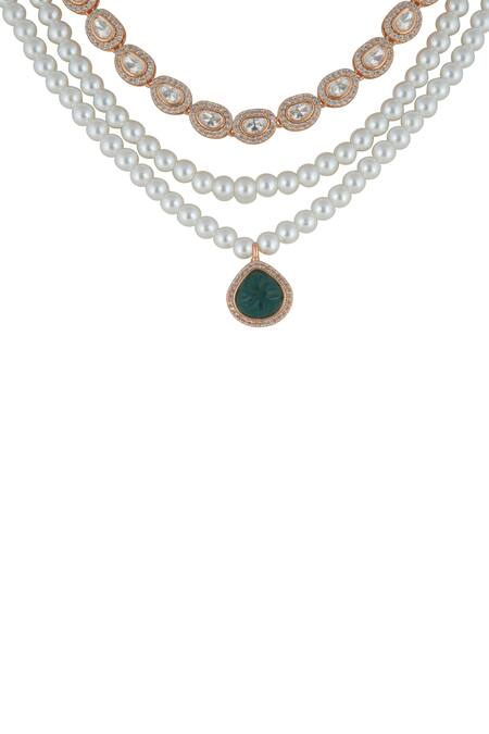 Buy_Curio Cottage_Gold Plated Stones, Crystals Meira Trinity Glam Necklace Set_Online_at_Aza_Fashions