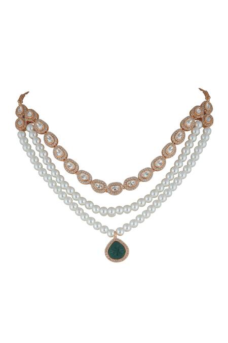 Shop_Curio Cottage_Gold Plated Stones, Crystals Meira Trinity Glam Necklace Set_Online_at_Aza_Fashions