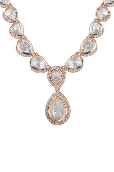 Curio Cottage_Gold Plated Stones, Faux Diamonds Polki Necklace Set _at_Aza_Fashions