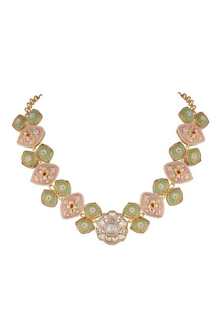 Buy_Curio Cottage_Multi Color Pearls, Stones, Faux Diamonds Meira Enamel Spring Necklace Set_Online_at_Aza_Fashions
