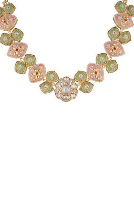 Shop_Curio Cottage_Multi Color Pearls, Stones, Faux Diamonds Meira Enamel Spring Necklace Set_Online_at_Aza_Fashions