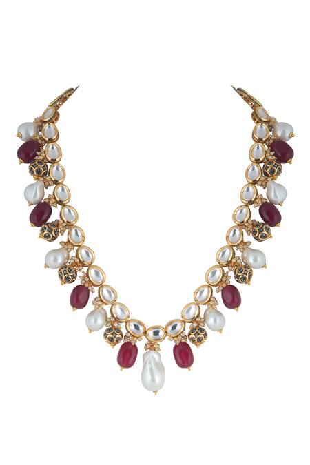 Curio Cottage_Gold Plated Meira Rouge Baroque Kundan Necklace_Online_at_Aza_Fashions