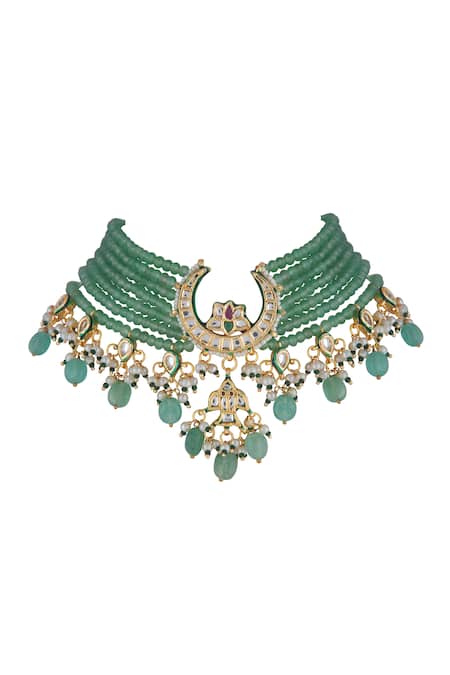 Shop_Curio Cottage_Green Beads, Pearls, Stones Crescent Jade Choker Set_Online_at_Aza_Fashions