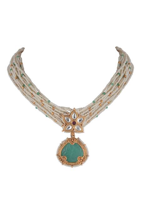 Buy_Curio Cottage_White Pearls, Gemstones, Gilded Jade Choker Set_Online_at_Aza_Fashions