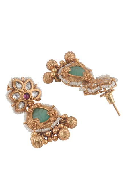 Shop_Curio Cottage_White Pearls, Gemstones, Gilded Jade Choker Set_Online_at_Aza_Fashions