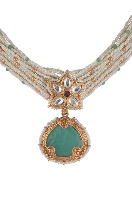 Curio Cottage_White Pearls, Gemstones, Gilded Jade Choker Set_at_Aza_Fashions