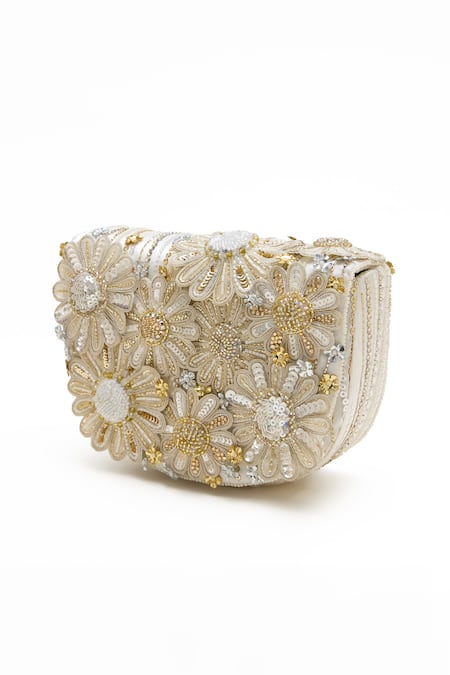 Shop_Doux Amour_Ivory Beads, Embroidery Fiona Clutch _Online_at_Aza_Fashions