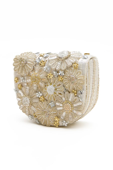 Doux Amour_Ivory Embroidery, Beads Fiona Clutch _at_Aza_Fashions