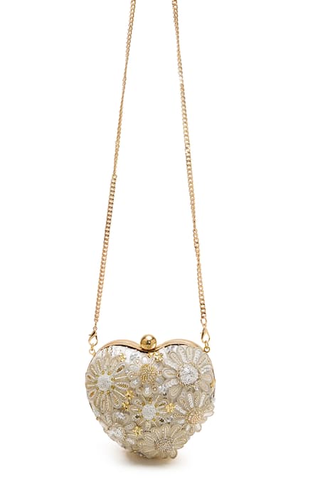 Doux Amour_Ivory Embroidery, Beads Zoe Heart Shaped Clutch _Online_at_Aza_Fashions