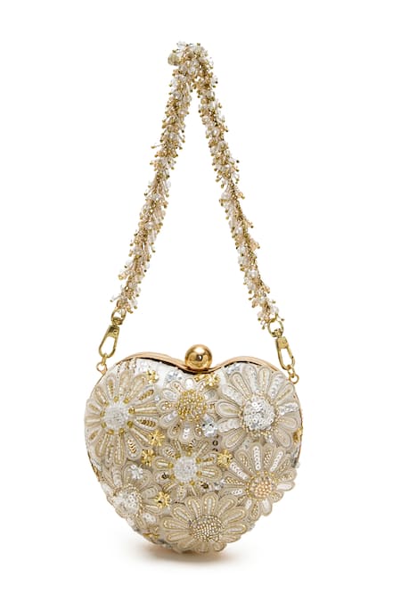 Doux Amour Ivory Embroidery, Beads Zoe Heart Shaped Clutch 