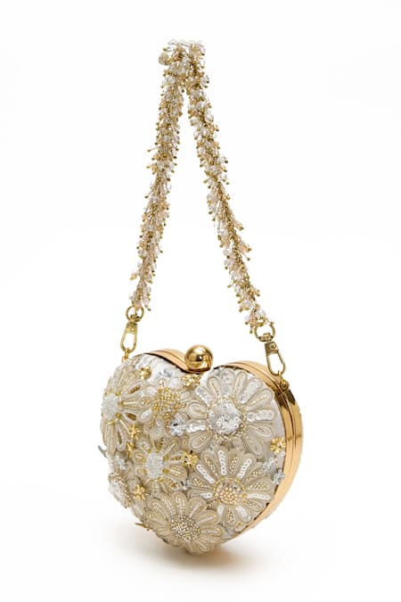 Buy_Doux Amour_Ivory Embroidery, Beads Zoe Heart Shaped Clutch _Online_at_Aza_Fashions
