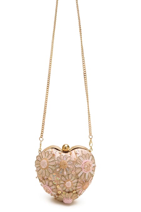 Doux Amour_Blush Embroidery, Beads Zoe Heart Shaped Clutch _Online_at_Aza_Fashions