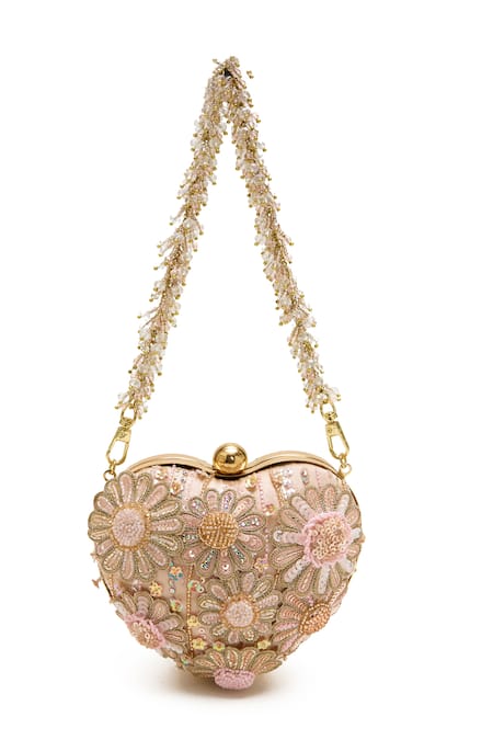 Doux Amour Blush Embroidery, Beads Zoe Heart Shaped Clutch 