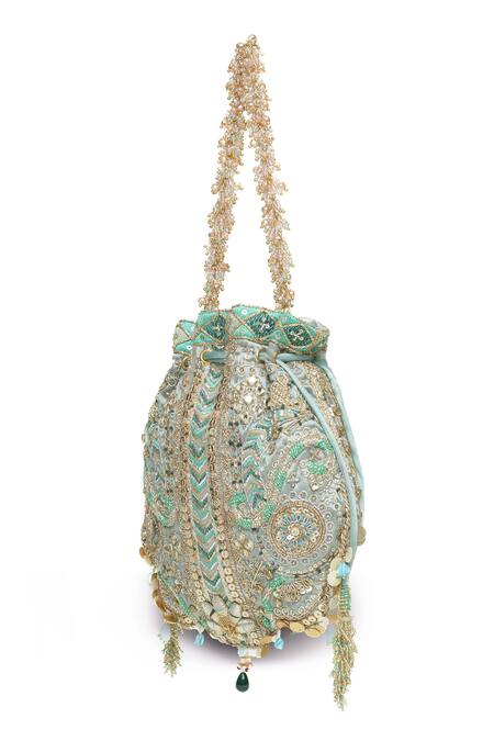 Shop_Doux Amour_Green Embroidery, Beads, Sequins Ruhani Potli _Online_at_Aza_Fashions