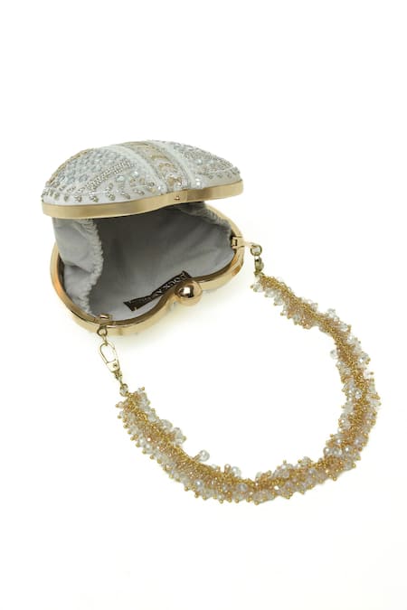 Doux Amour_Ivory Embroidery, Beads Manzar Clutch _Online_at_Aza_Fashions