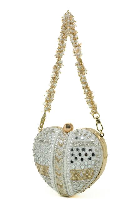 Shop_Doux Amour_Ivory Embroidery, Beads Manzar Clutch _Online_at_Aza_Fashions