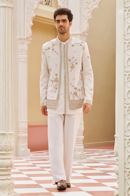 Contrast By Parth Ivory Twill Embroidery Jacket And Pant Set