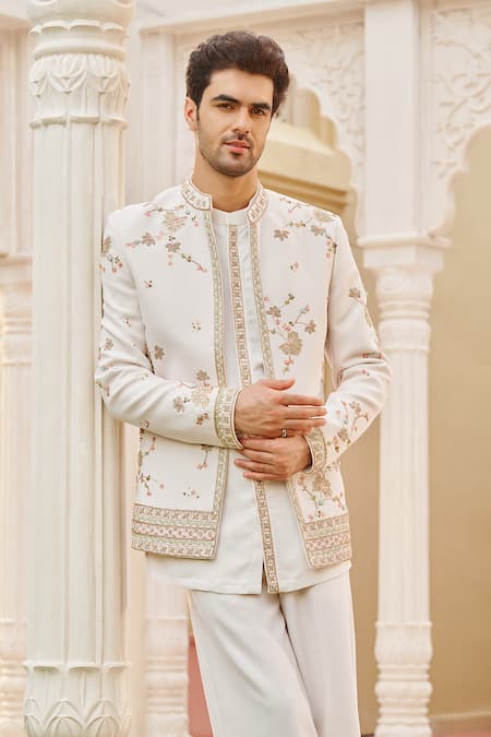 Contrast By Parth_Ivory Twill Embroidery Jacket And Pant Set _Online_at_Aza_Fashions