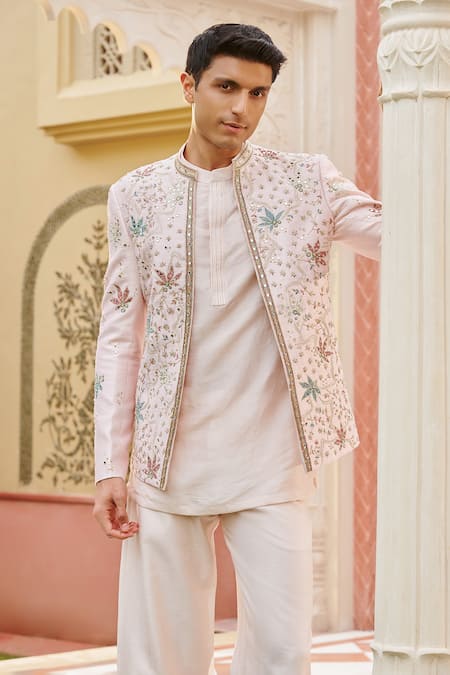 Contrast By Parth_Pink Silk Embroidery, Sequins Gulzaar Jacket And Pant Set _Online_at_Aza_Fashions