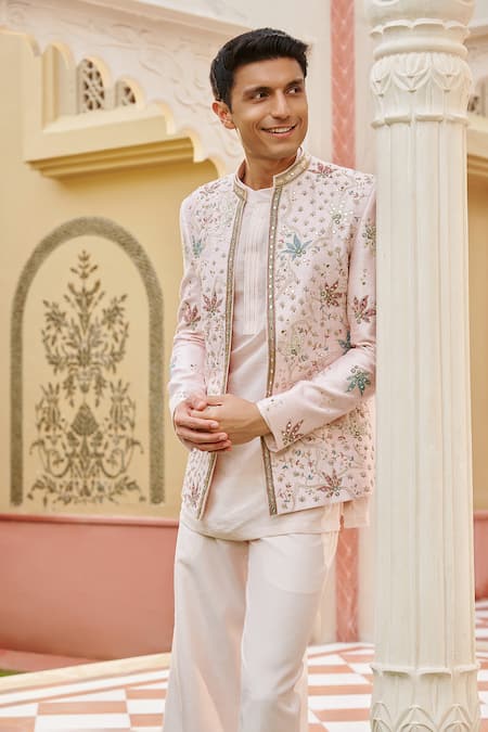 Buy_Contrast By Parth_Pink Silk Embroidery, Sequins Gulzaar Jacket And Pant Set _Online_at_Aza_Fashions