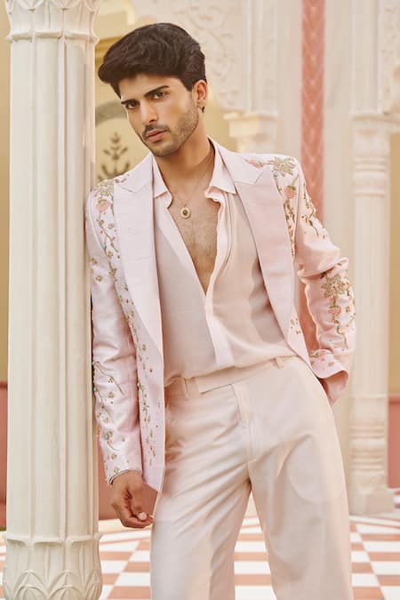 Contrast By Parth_Pink Silk Embroidery Pastel Embellished Blazer And Pant Set _Online_at_Aza_Fashions