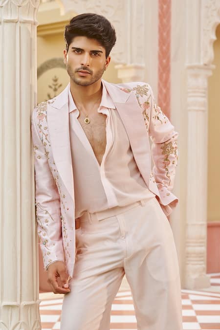 Buy_Contrast By Parth_Pink Silk Embroidery Pastel Embellished Blazer And Pant Set _Online_at_Aza_Fashions