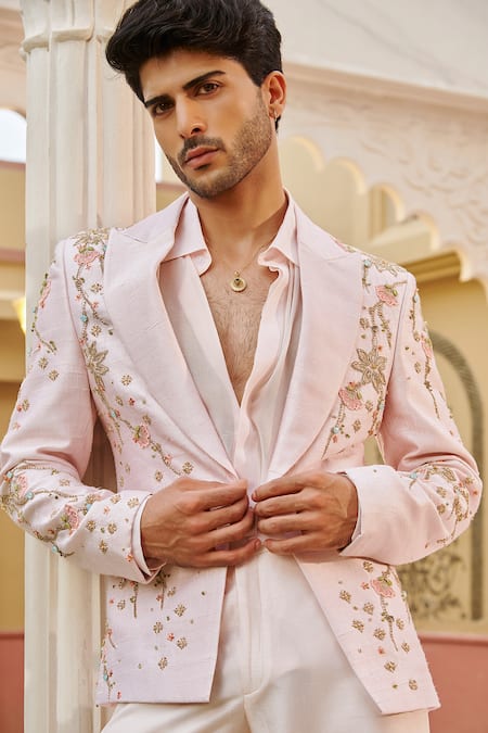Shop_Contrast By Parth_Pink Silk Embroidery Pastel Embellished Blazer And Pant Set _Online_at_Aza_Fashions