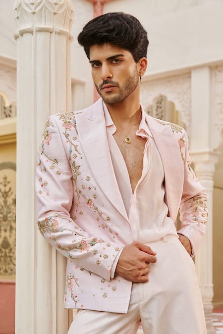 Contrast By Parth_Pink Silk Embroidery Pastel Embellished Blazer And Pant Set _at_Aza_Fashions