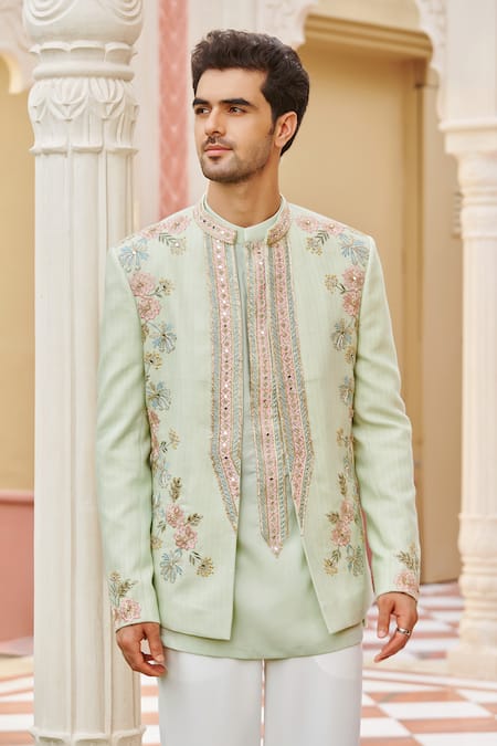 Contrast By Parth_Mint Silk Sequins, Embroidery Green Bandhgala Jacket Set _Online_at_Aza_Fashions