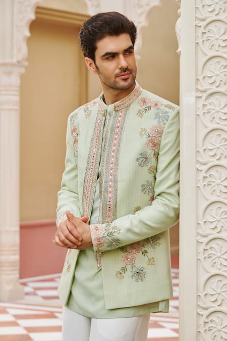 Buy_Contrast By Parth_Mint Silk Sequins, Embroidery Green Bandhgala Jacket Set _Online_at_Aza_Fashions