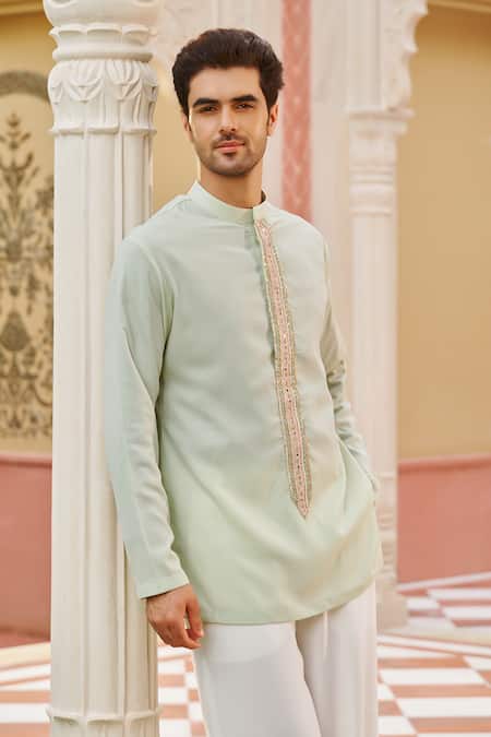Buy_Contrast By Parth_Mint Silk Embroidery Green Kurta Set _Online_at_Aza_Fashions
