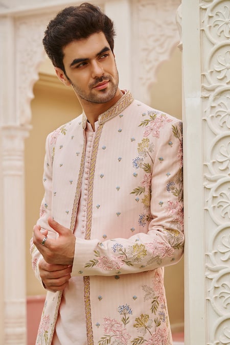 Contrast By Parth_Pink Silk Embroidery Pastel Bandhgala Jacket Set _Online_at_Aza_Fashions