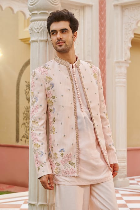 Buy_Contrast By Parth_Pink Silk Embroidery Pastel Bandhgala Jacket Set _Online_at_Aza_Fashions