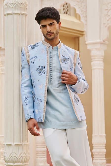 Contrast By Parth_Blue Silk Embroidery Powder Bandhgala Jacket Set _Online_at_Aza_Fashions