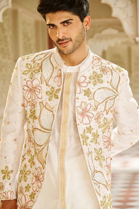 Contrast By Parth_Ivory Silk Embroidery Bandhgala Jacket Set _Online_at_Aza_Fashions