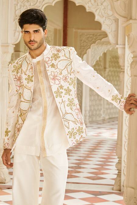 Buy_Contrast By Parth_Ivory Silk Embroidery Bandhgala Jacket Set _Online_at_Aza_Fashions