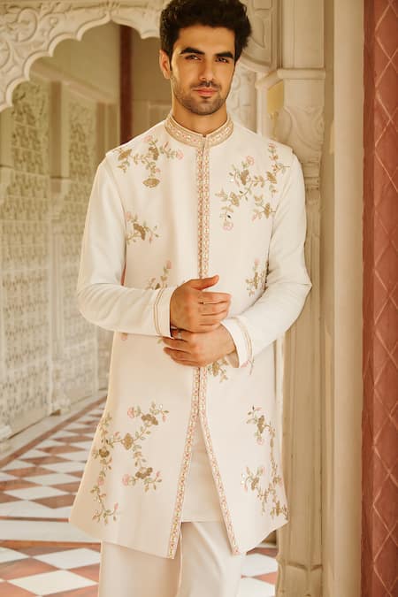 Buy_Contrast By Parth_Cream Twill Embroidery Sherwani Set _Online_at_Aza_Fashions