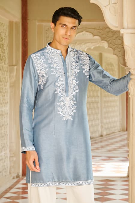Buy_Contrast By Parth_Blue Silk Embroidery Kurta Trouser Set _Online_at_Aza_Fashions