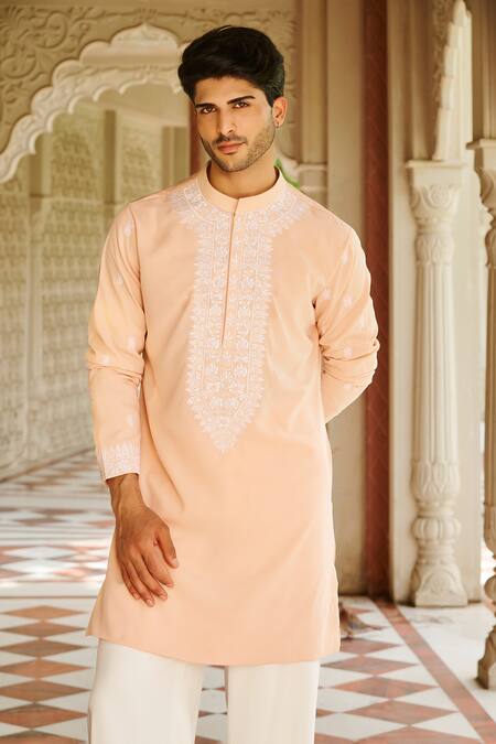Buy_Contrast By Parth_Peach Silk Embroidery Kurta Set _Online_at_Aza_Fashions