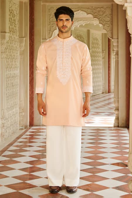 Contrast By Parth Peach Silk Embroidery Kurta Set 