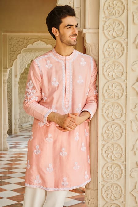 Buy_Contrast By Parth_Pink Silk Embroidery Light Kurta Set _Online_at_Aza_Fashions