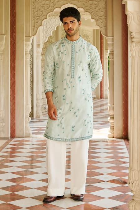 Contrast By Parth Blue Silk Embroidery Powder Kurta Set 
