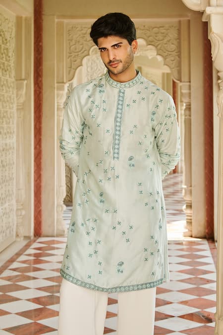 Buy_Contrast By Parth_Blue Silk Embroidery Powder Kurta Set _Online_at_Aza_Fashions
