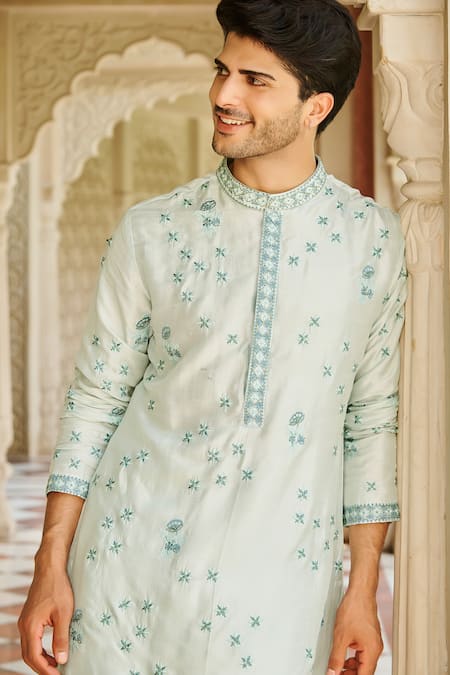 Shop_Contrast By Parth_Blue Silk Embroidery Powder Kurta Set _Online_at_Aza_Fashions