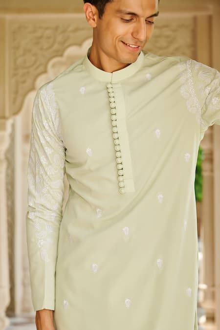 Contrast By Parth_Green Silk Embroidery Zikar Kurta Set _Online_at_Aza_Fashions