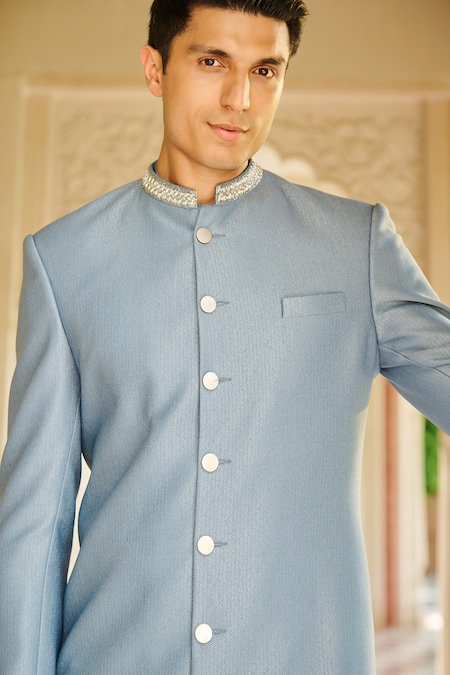 Buy_Contrast By Parth_Blue Jacquard, Silk Denium Rooh Sherwani Set _Online_at_Aza_Fashions